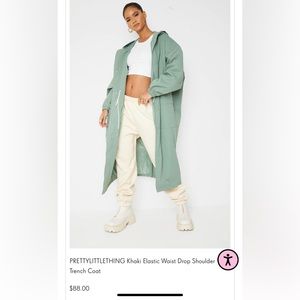 PRETTY LITTLE THING - Sage Green Drop Waist Oversize Trench with Hood, Size 6